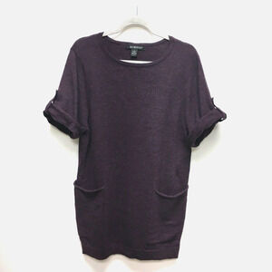 Avellini Womens Purple Short Roll Tab Sleeve Merino Wool Pockets Sweater Tunic L